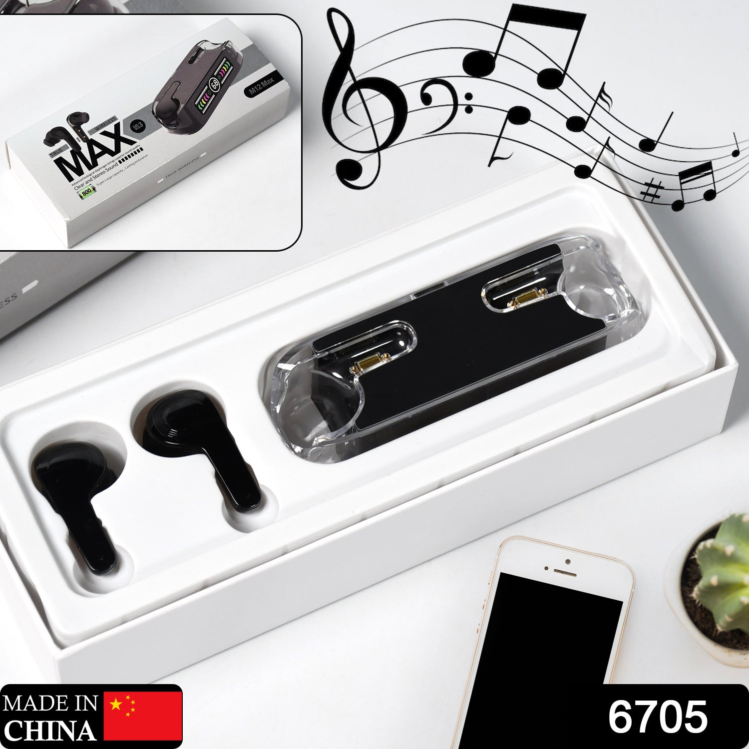 M12 Max Wireless Earbuds, Black Touch Control Bluetooth