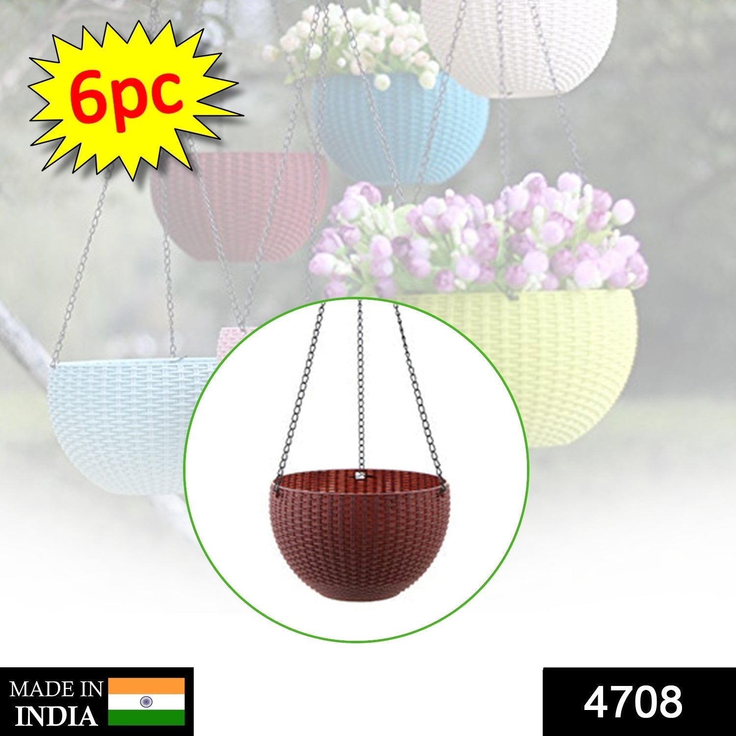 Plastic Hanging Flower Pot and Flower Pot with Chain (6 Pc)