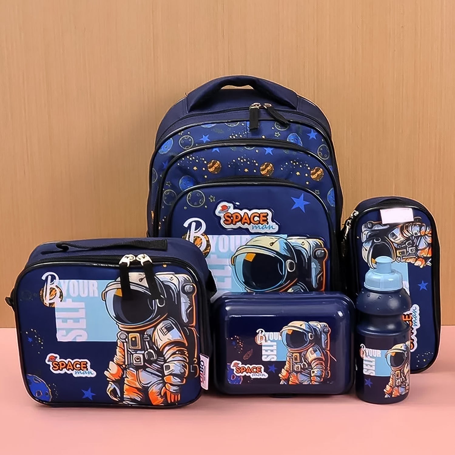 5 in 1 School Bag Includes lunch bag, 14 inch School Bags, water bottle & pencil case in box packing (1 Set / Mix Color))