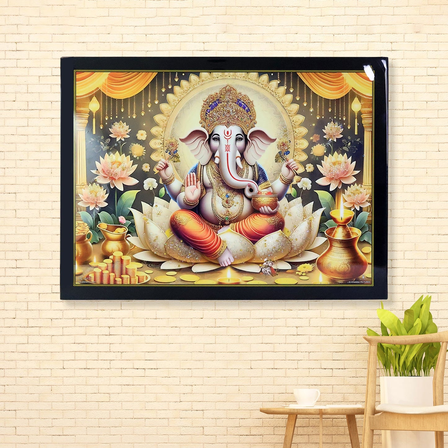 Divine Lord Ganesha Wall Painting with Wooden Frame Mix Design, 60x45 Cm Approx (1 Pc)