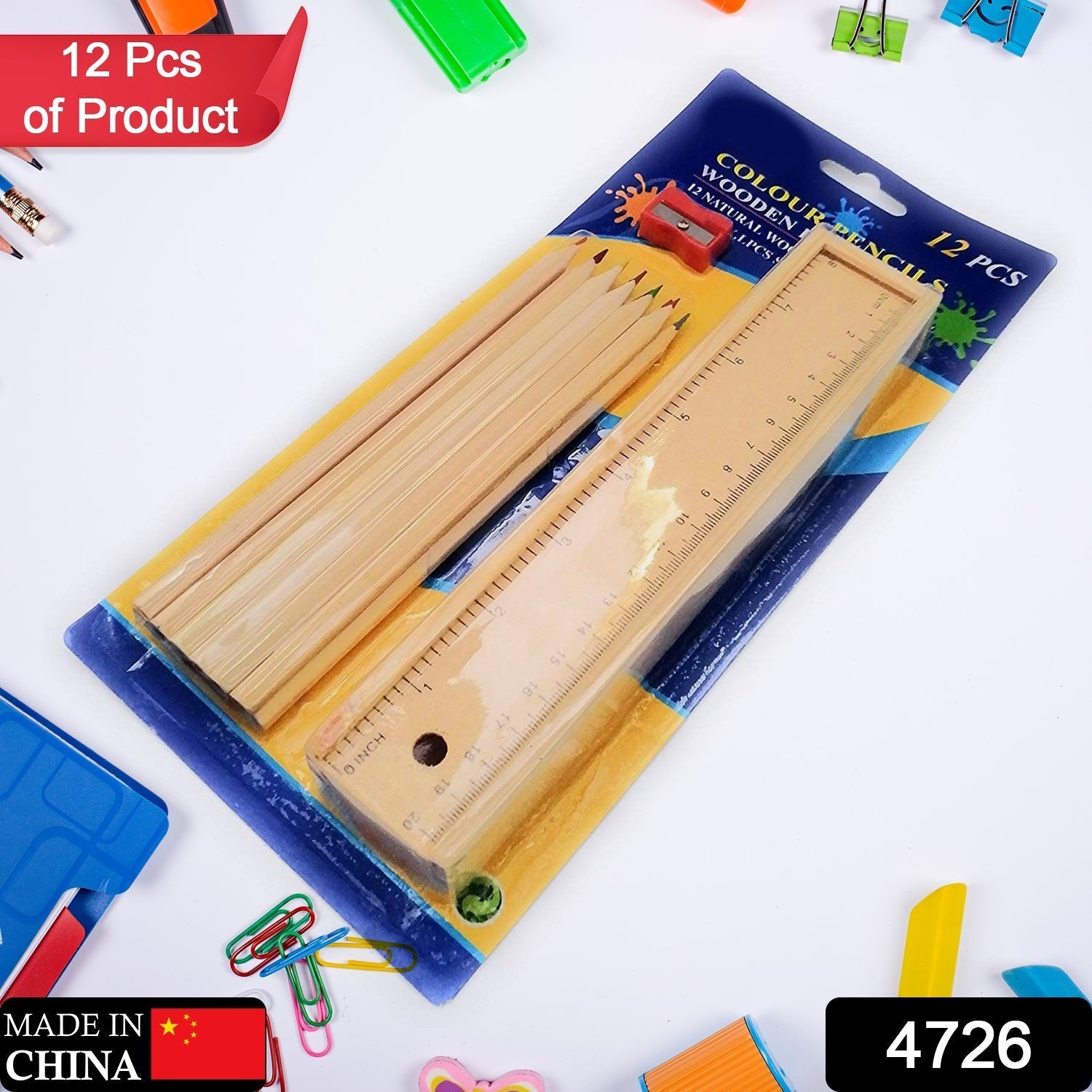 Colorful Wooden Pencil Set with Pencil box, Ruler, Sharpener For for Kids, Artist, Architect (12 Pcs Set)