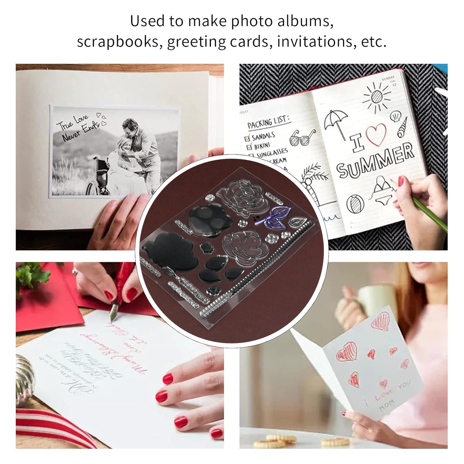 Reusable Rubber Stamp, TPR Stamp DIY Accessories Good Stamping Effect DIY Transparent Stamp Stick Repeatedly for Envelope for Diary for Invitation Letter, Photo Album Decoration for Paper Crafts (Mix Design / 1 Set)