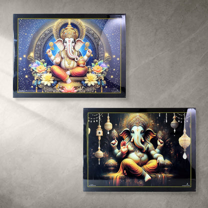 Divine Lord Ganesha Wall Painting with Wooden Frame Mix Design, 60x45 Cm Approx (1 Pc)