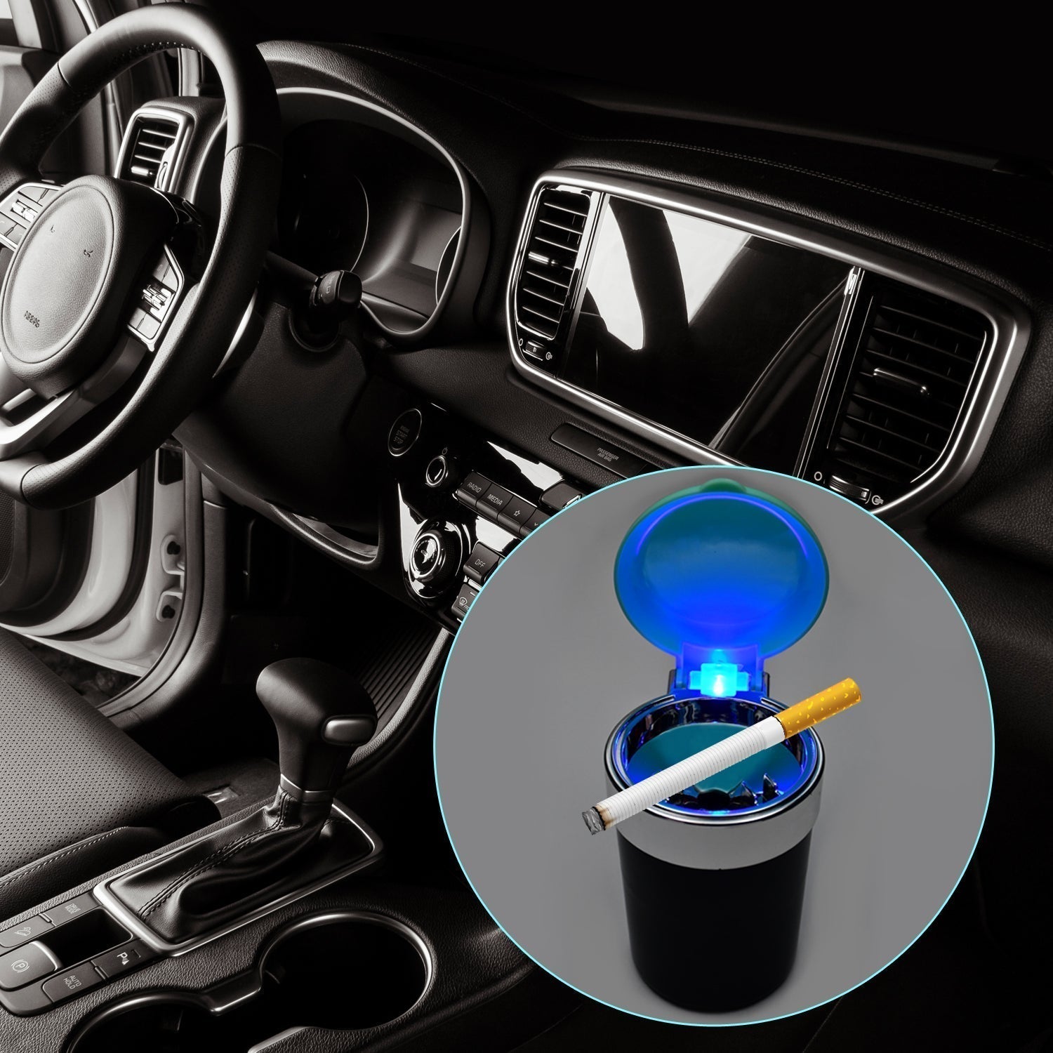 Car Smokeless Ashtray Blue LED Cool Light Indicator Travel Auto Cigarette Odor Remover Smoke Diffuser Stand Cylinder (Moq - 12pc)