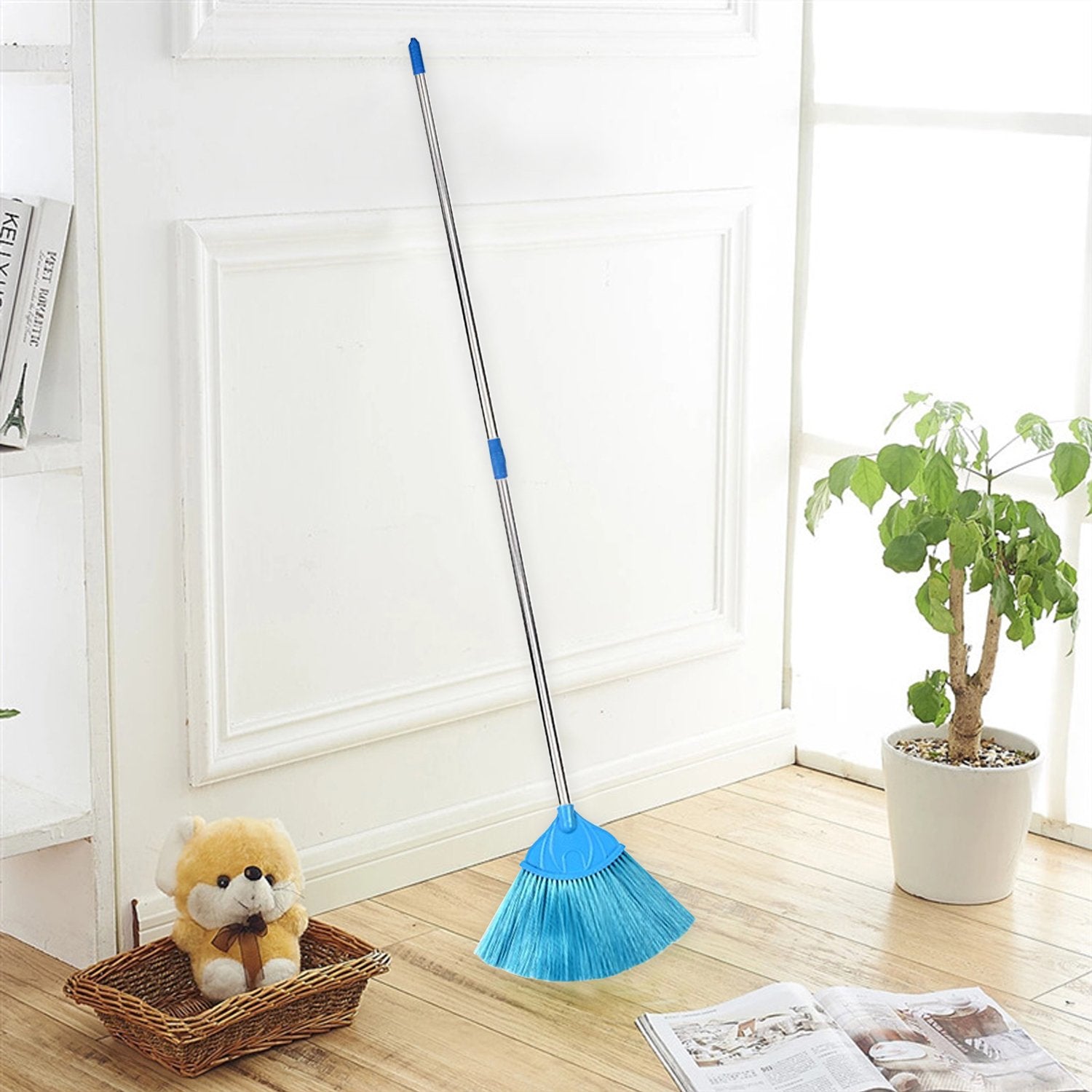 Broom with Long Stainless Steel Rod and Extendable Cobweb Cleaner Stick