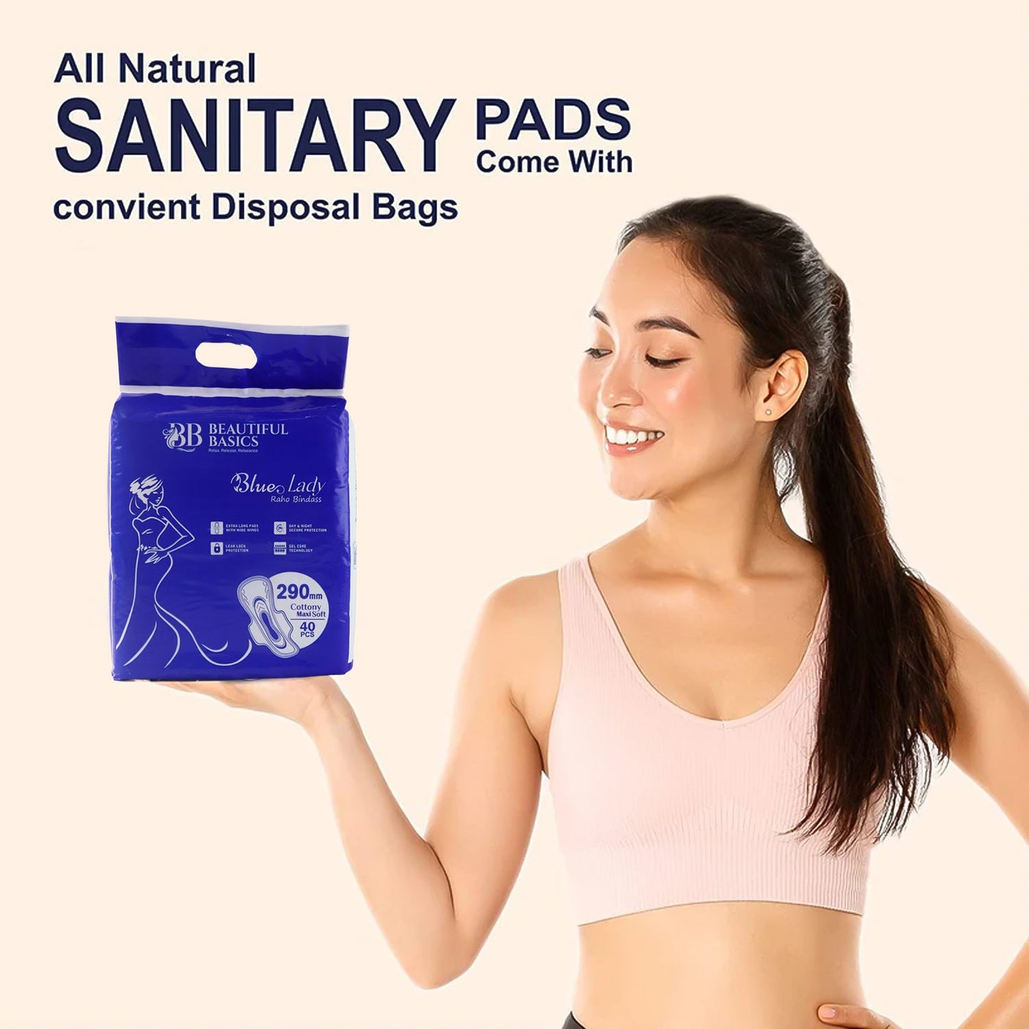 Beautiful Basics Blue Lady Extra Long Pads With Wides Wings Sanitary Pads – 290 mm, 40-Pack
