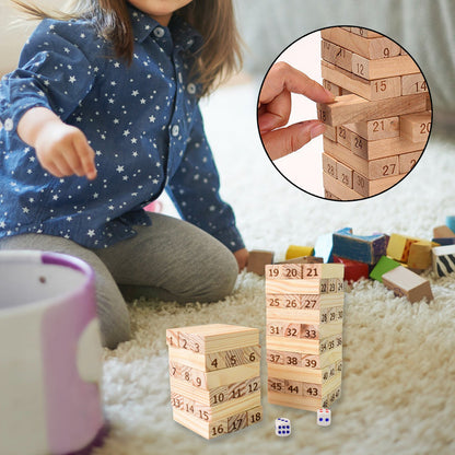 Wooden Tumbling Stacking Tower Game, Zenga tower (48 Pcs Blocks 2 Dices)