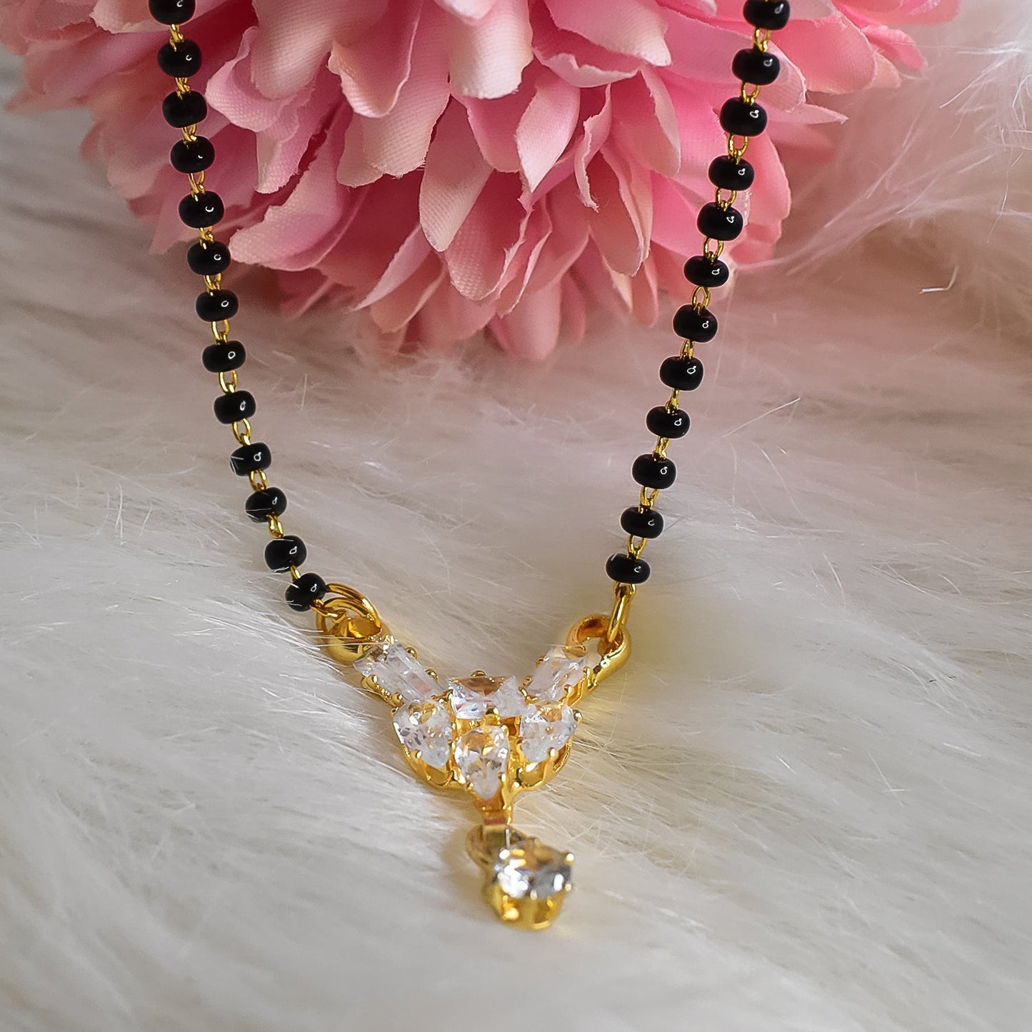 American Diamond Floral Mangalsutra – Black Beaded Chain, Delicate Design for Women, Perfect for Gifting