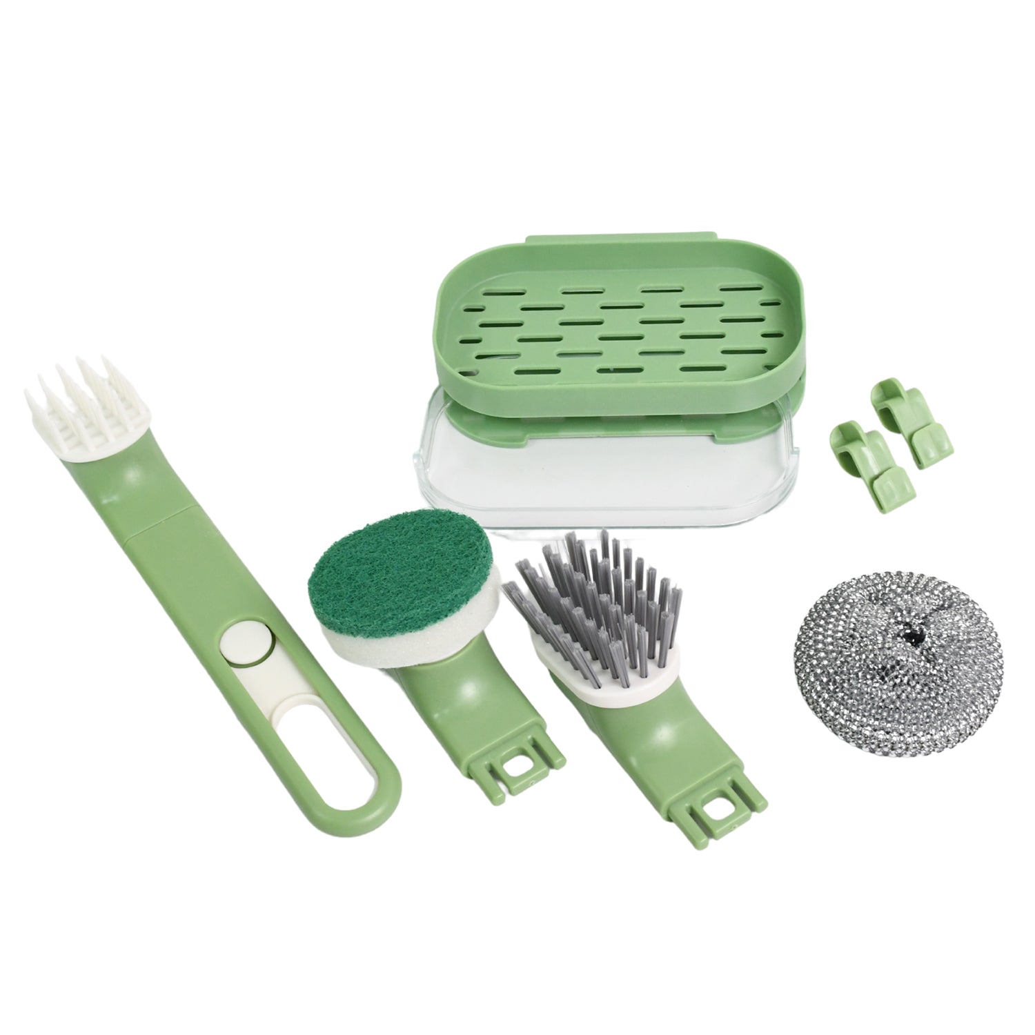 Dish Brush Set with Handle, Replacement Heads, Drain Tray in Kitchen (9 Pcs Set)