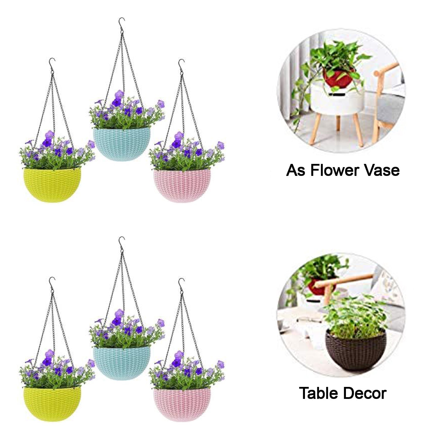 Plastic Hanging Flower Pot and Flower Pot with Chain (6 Pc)