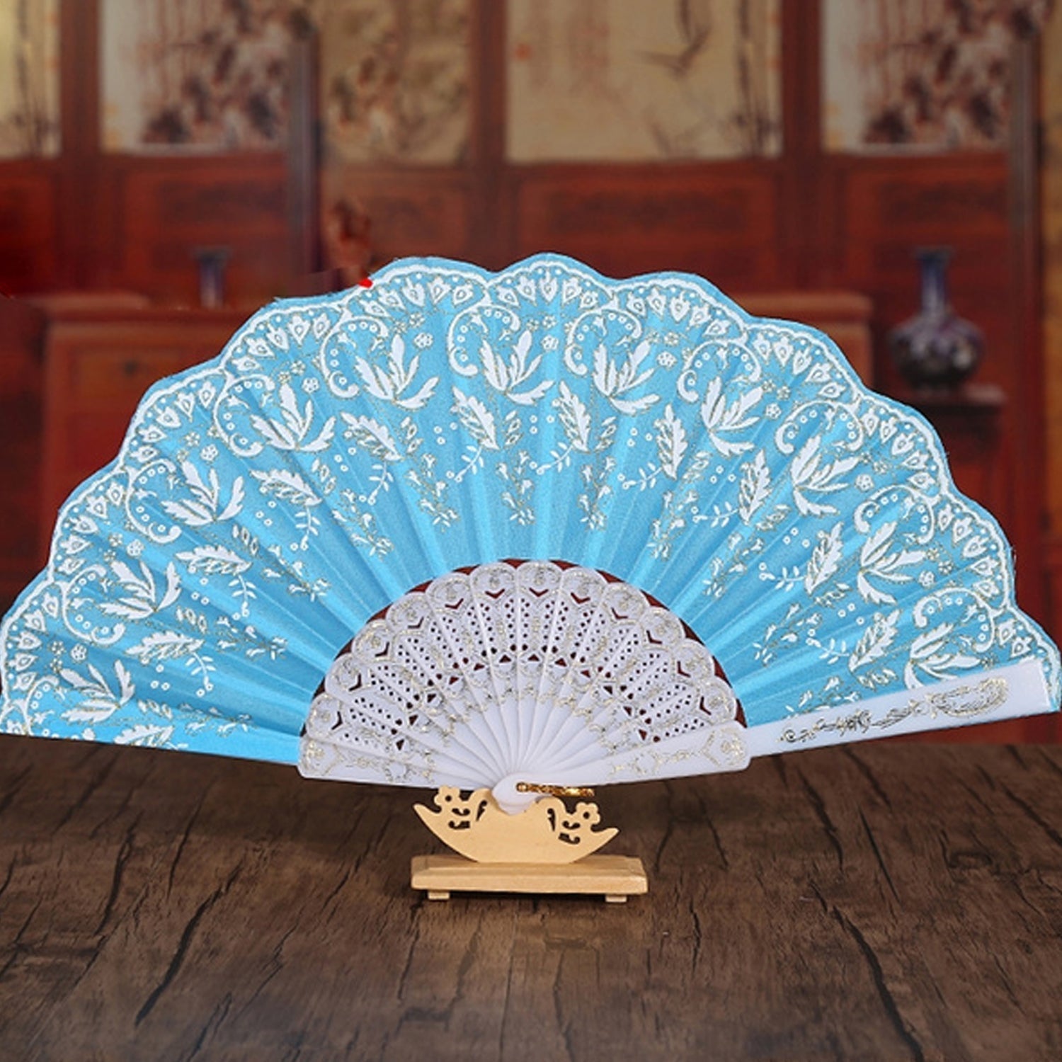 Hand Folding Fan, Chinese Vintage Style Handheld Fan with Fabric Sleeve