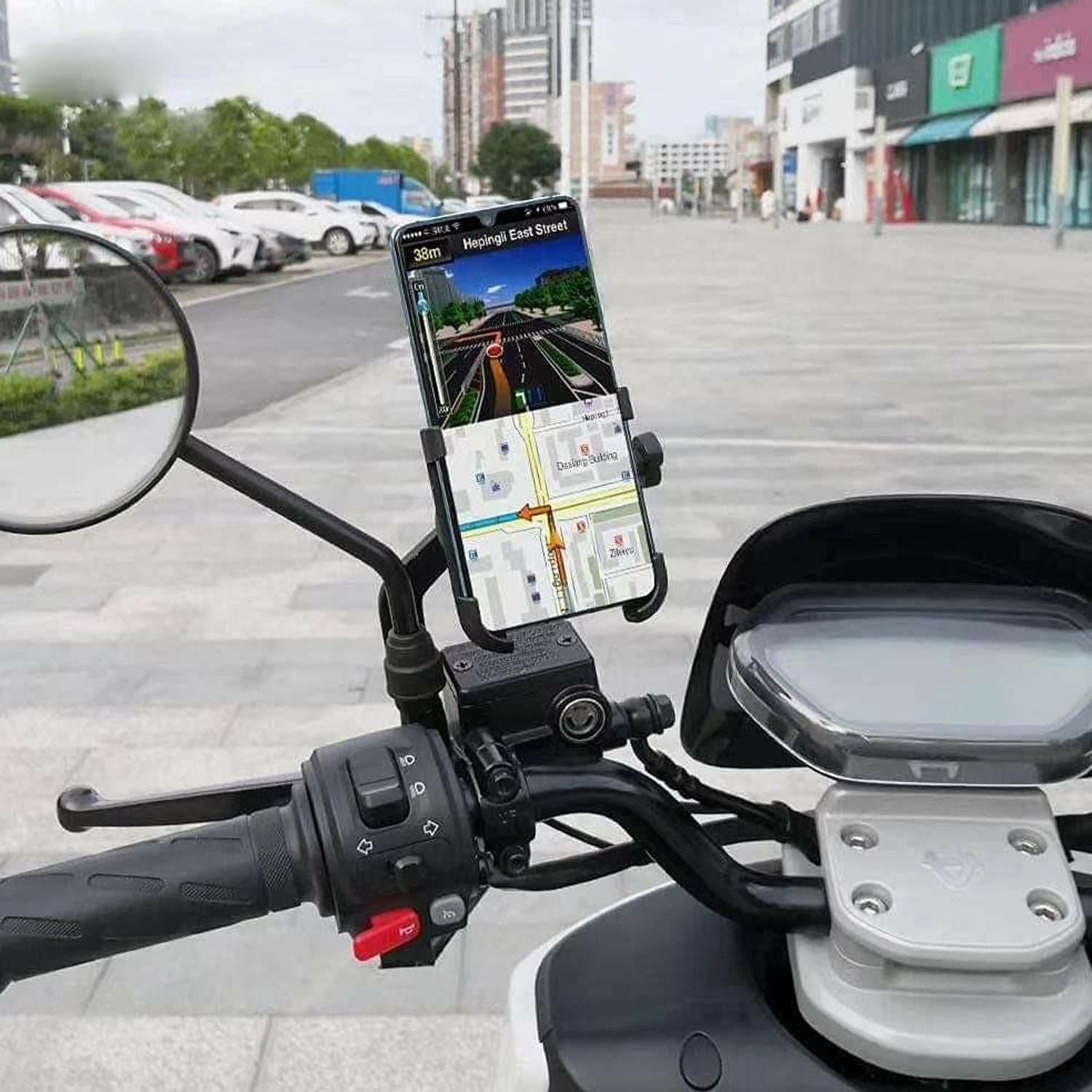 Mobile Phone Holder With Easy Adjustable Rear View Mirror Mount Solid Metal Cradle Stand Suitable for Bike & Mobile Phones