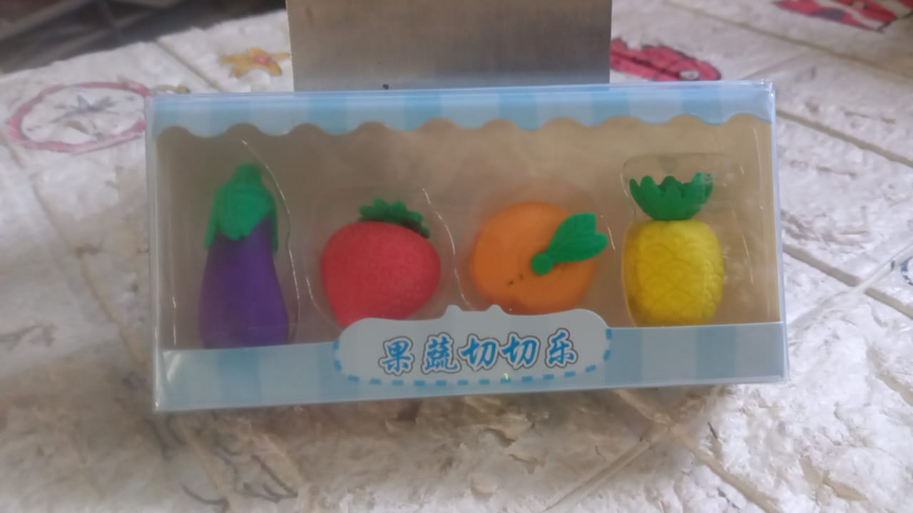 Mini Cute Vegetables and Fruits Erasers or Pencil Rubbers for Kids, 1 Set Fancy & Stylish Colorful Erasers for Children, Eraser Set for Return Gift, Birthday Party, School Prize, 3D Erasers  (4 pc Set)