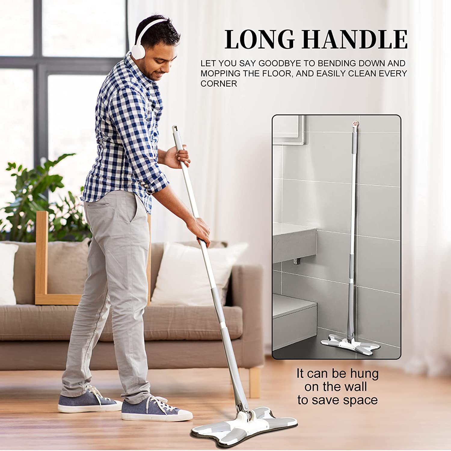 X Shape Mop or Floor Cleaning Hands-Free Squeeze Microfiber Flat Mop System 360° Flexible Head, Wet and Dry mop for Home Kitchen with 1 Super-absorbent Microfiber Pads.