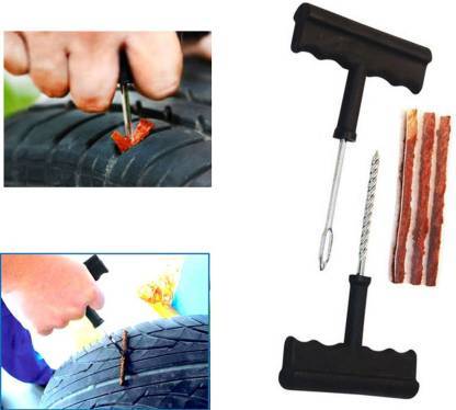 Puncture Repair Kit Tubeless Tyre Full Set with Nose Pliers, Rubber Cement and Extra Strips for Cars, Bikes