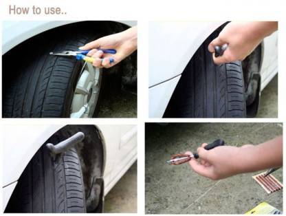 Puncture Repair Kit Tubeless Tyre Full Set with Nose Pliers, Rubber Cement and Extra Strips for Cars, Bikes