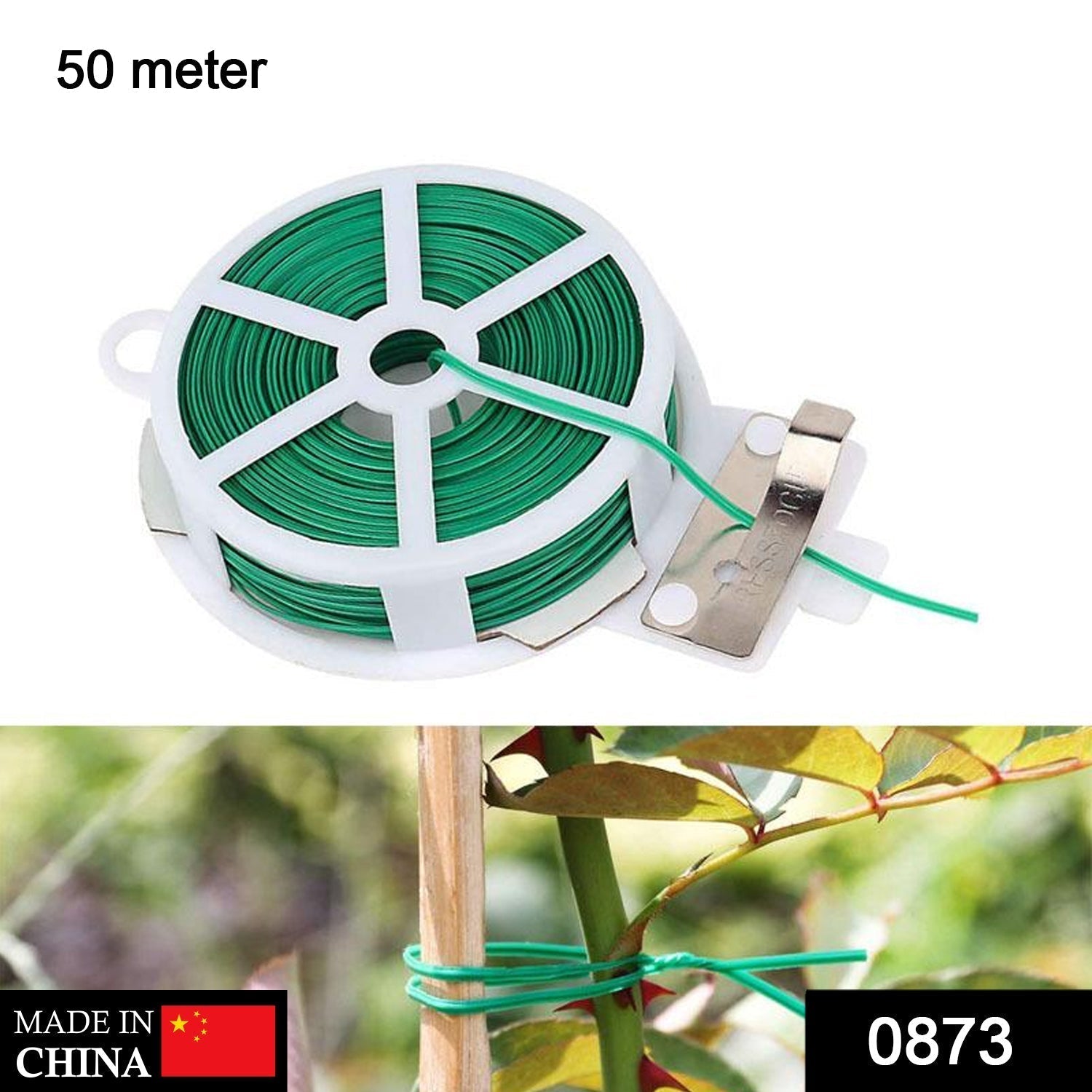 Plastic Twist Tie Wire Spool With Cutter For Garden Yard Plant 50m (Green)