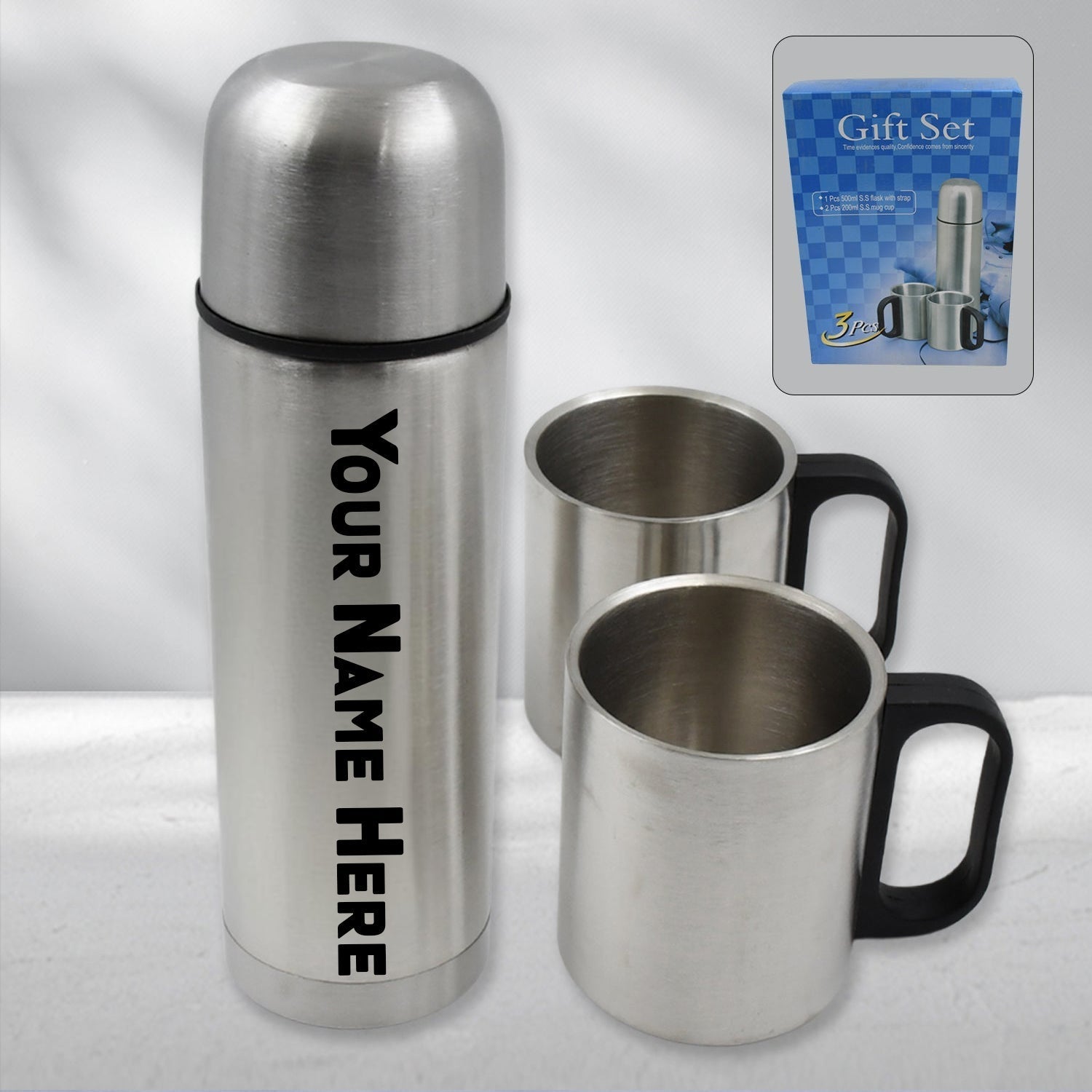 Customize Double Wall Stainless Steel Thermos Flask 500ml Vacuum Insulated Gift Set with Two Cups Hot & Cold, Stainless Steel, Diwali Gifts for Employees, Corporate Gift Item (3 Pcs Set)