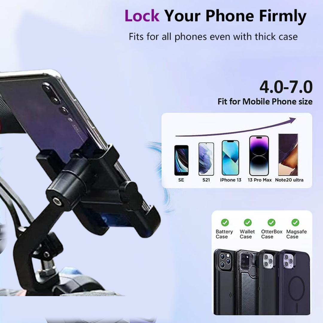 Mobile Phone Holder With Easy Adjustable Rear View Mirror Mount Solid Metal Cradle Stand Suitable for Bike & Mobile Phones