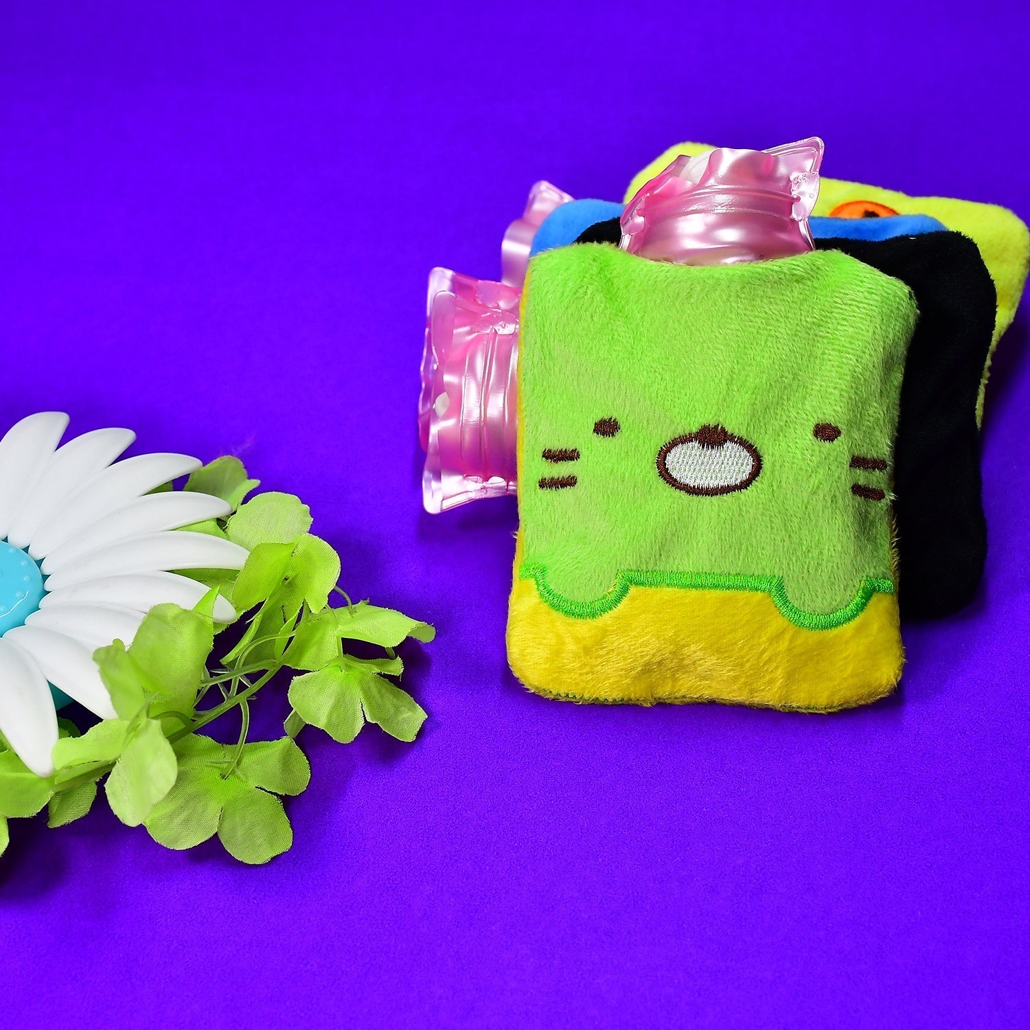 Green Kitty small Hot Water Bag with Cover for Pain Relief, Neck, Shoulder Pain and Hand, Feet Warmer, Menstrual Cramps.