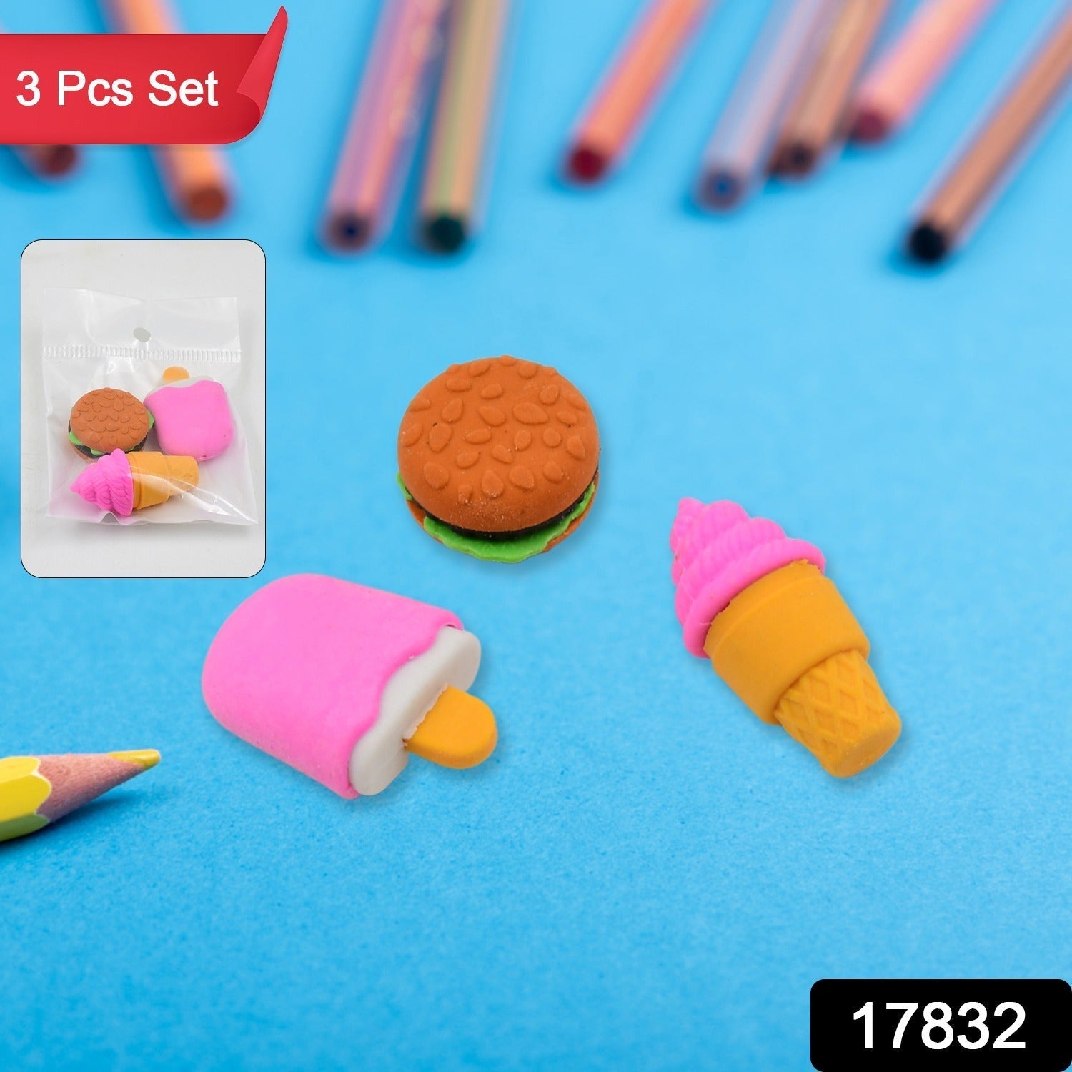 Mix Design Fancy & Stylish Colorful Erasers (1 Set / 3 Pc Set)