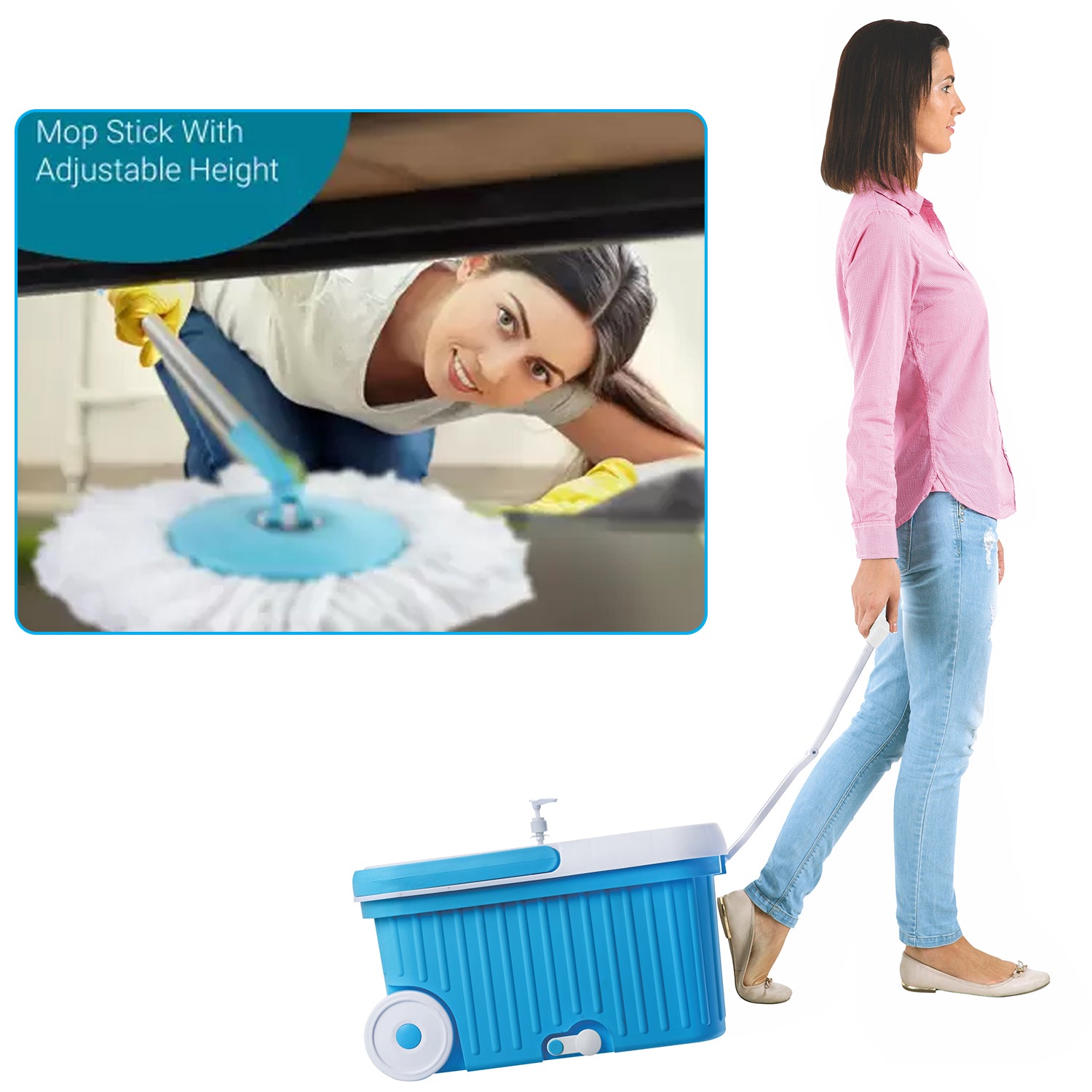 Sporty Plastic Spin Mop with Bigger Wheels and Plastic Auto Fold Handle for 360 Degree Cleaning.