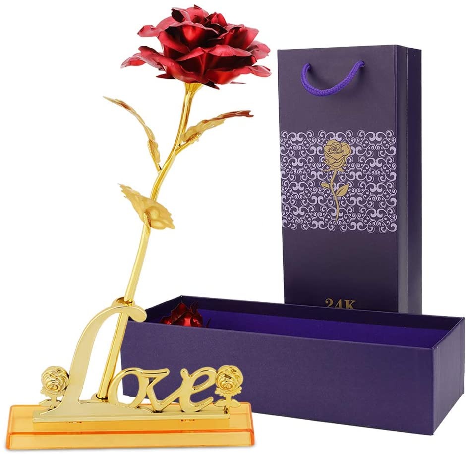 24k Gold Rose,hicoosee Gold Foil Plated Rose with LOVE Stand and Gift Box for Anniversary, Birthday, Wedding , Christmas ,Thanks giving