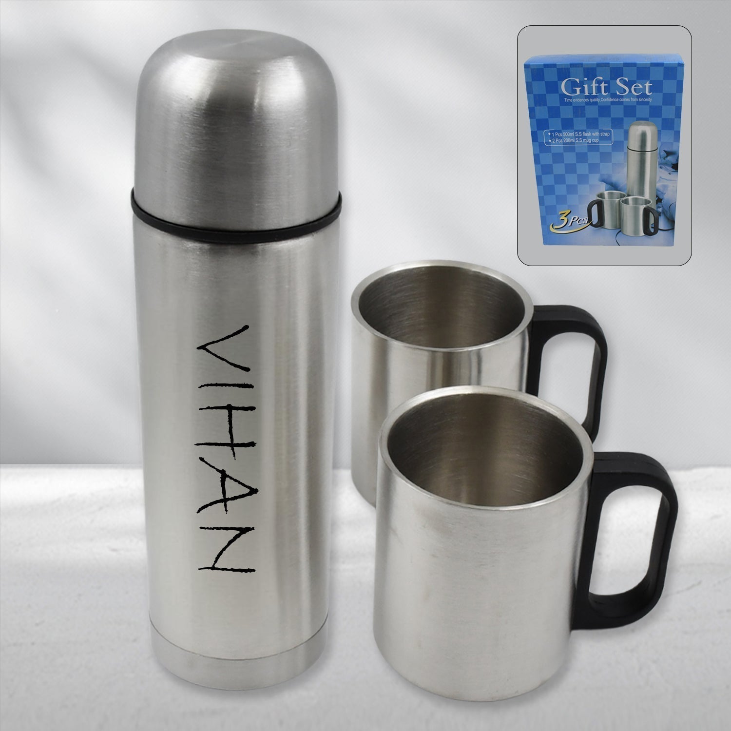 Customize Double Wall Stainless Steel Thermos Flask 500ml Vacuum Insulated Gift Set with Two Cups Hot & Cold, Stainless Steel, Diwali Gifts for Employees, Corporate Gift Item (3 Pcs Set)