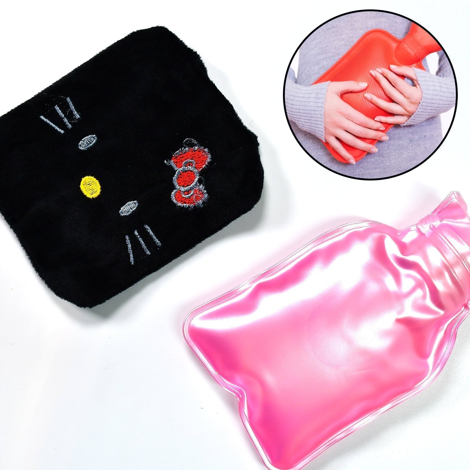 Black Hello Kitty small Hot Water Bag with Cover for Pain Relief, Neck, Shoulder Pain and Hand, Feet Warmer, Menstrual Cramps.