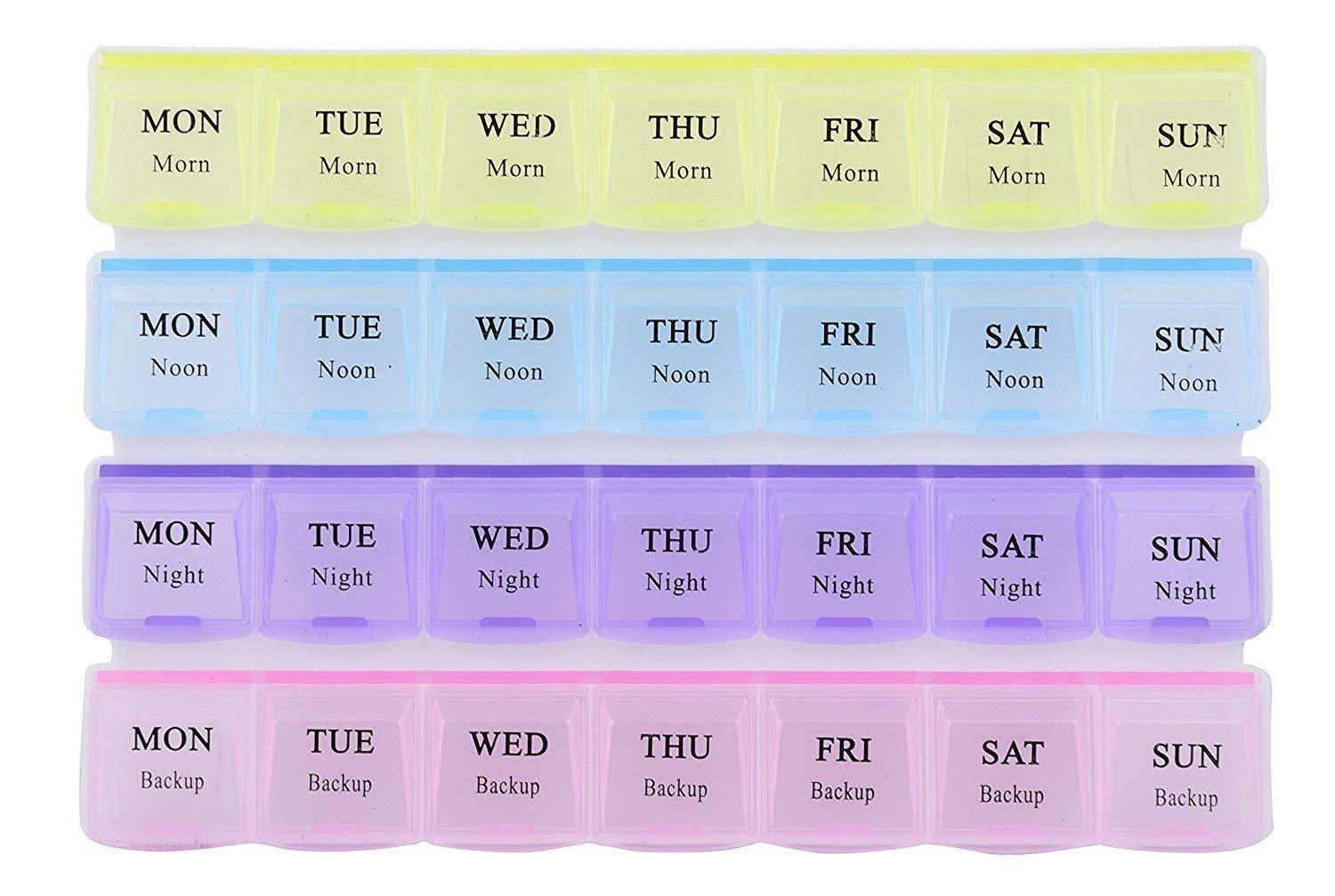 Pill Case- 4 Row 28 Squares Weekly 7 Days Tablet Box Holder Medicine Storage Organizer Container