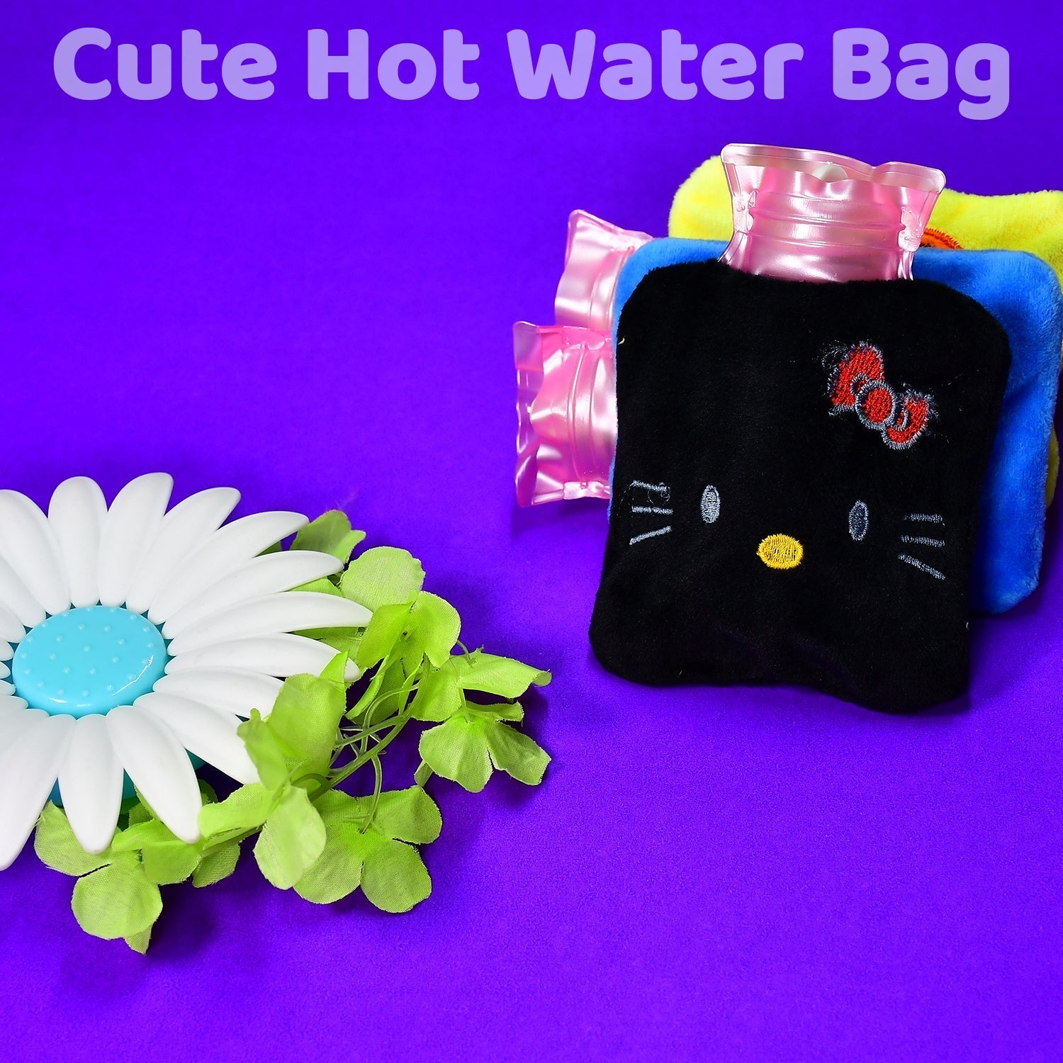 Black Hello Kitty small Hot Water Bag with Cover for Pain Relief, Neck, Shoulder Pain and Hand, Feet Warmer, Menstrual Cramps.