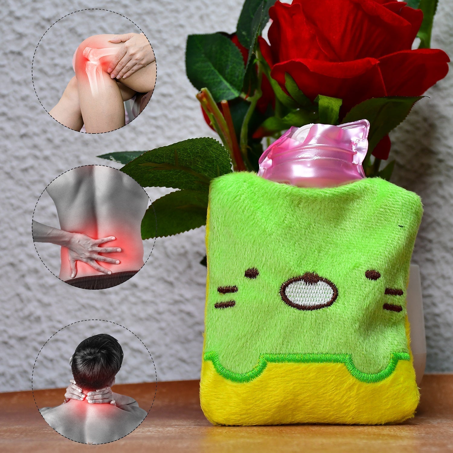 Green Kitty small Hot Water Bag with Cover for Pain Relief, Neck, Shoulder Pain and Hand, Feet Warmer, Menstrual Cramps.