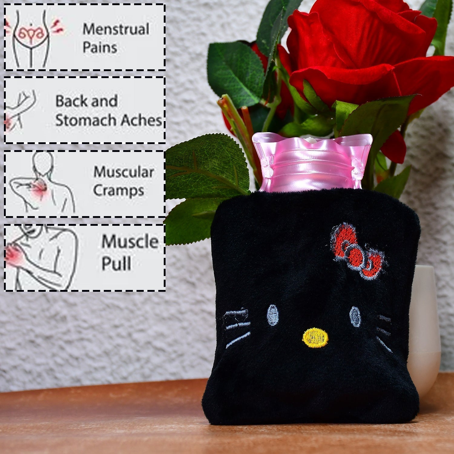 Black Hello Kitty small Hot Water Bag with Cover for Pain Relief, Neck, Shoulder Pain and Hand, Feet Warmer, Menstrual Cramps.