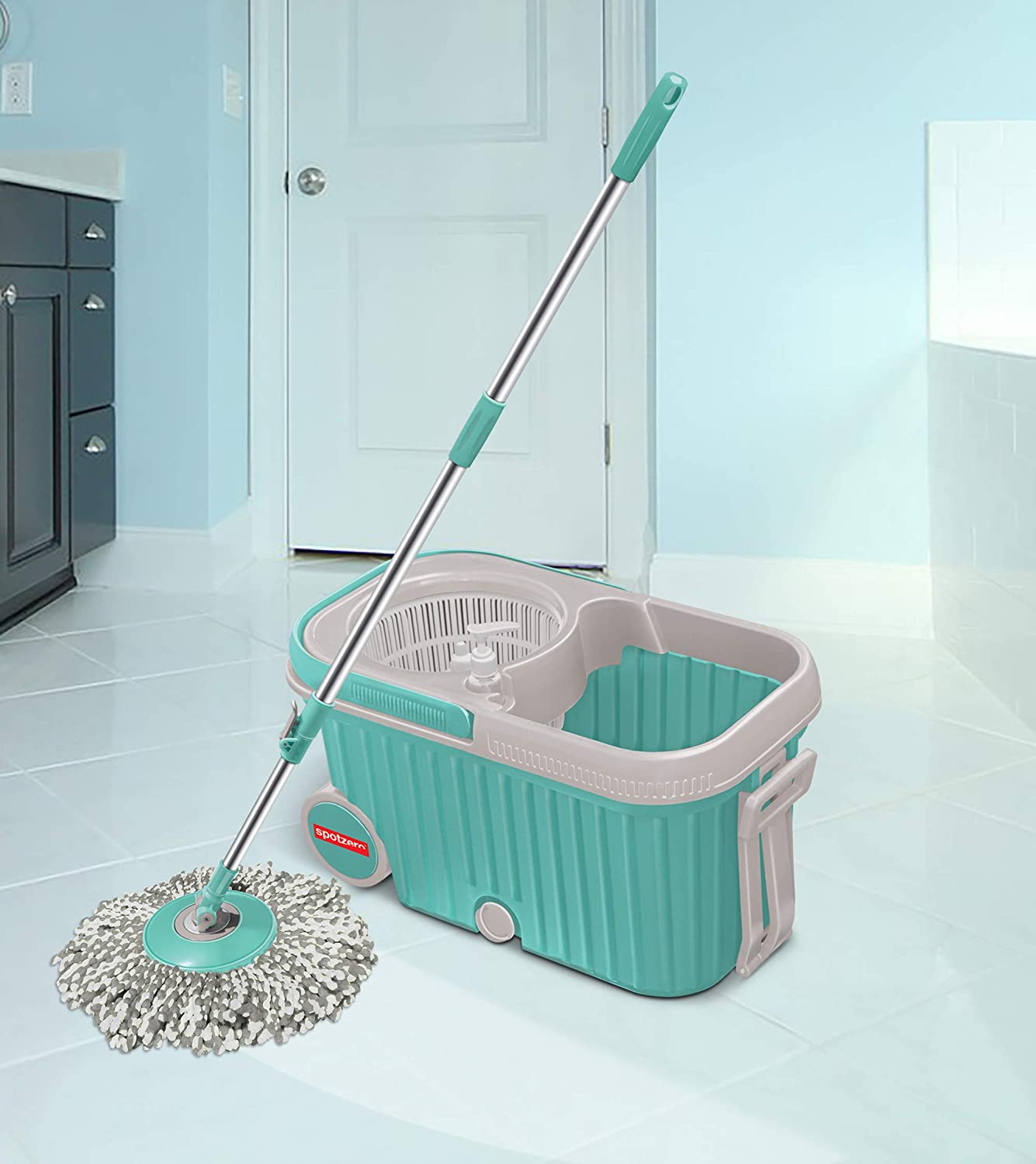 Spin Mop with Bigger Wheels and Plastic Auto Fold Handle for 360 Degree Cleaning