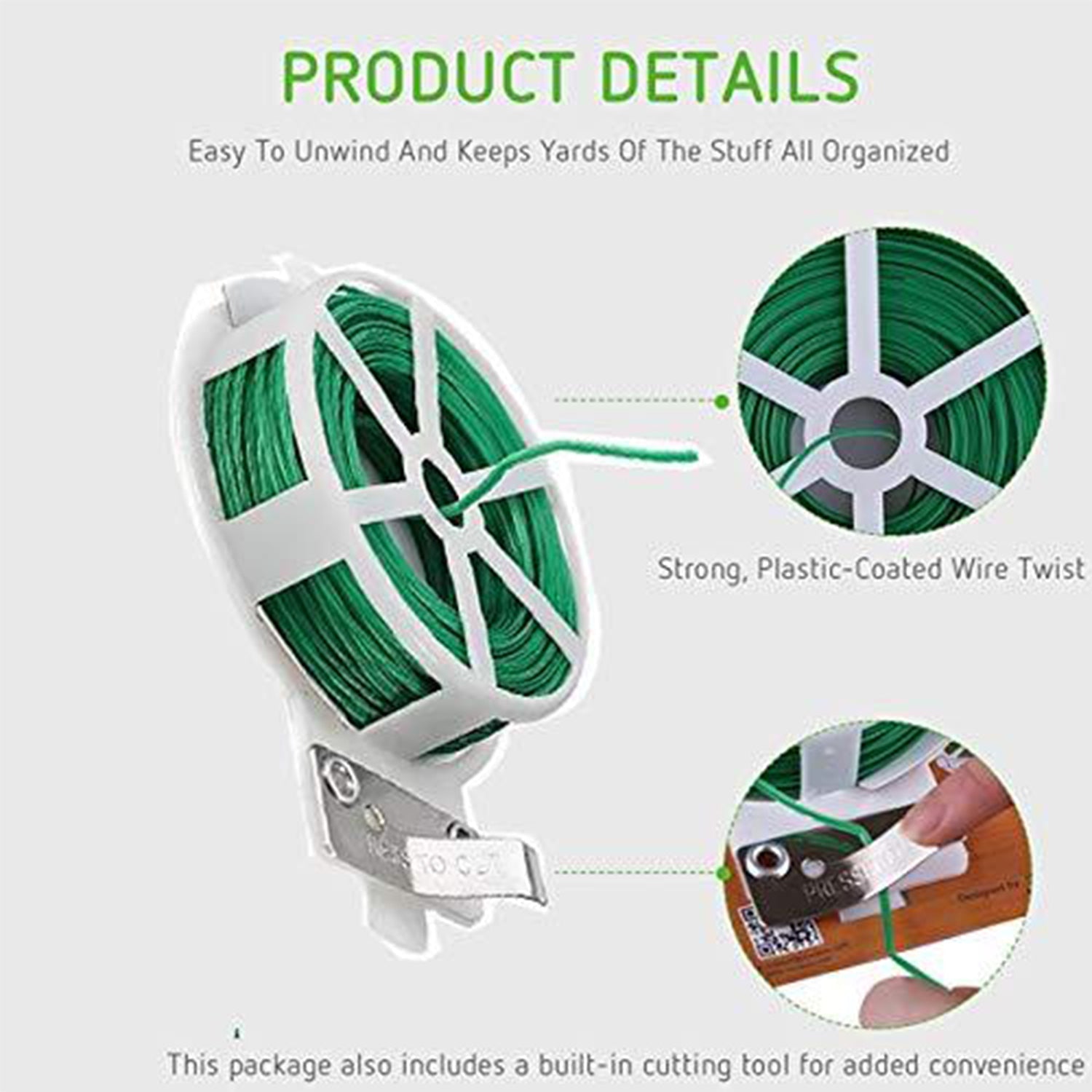 Plastic Twist Tie Wire Spool With Cutter For Garden Yard Plant 50m (Green)