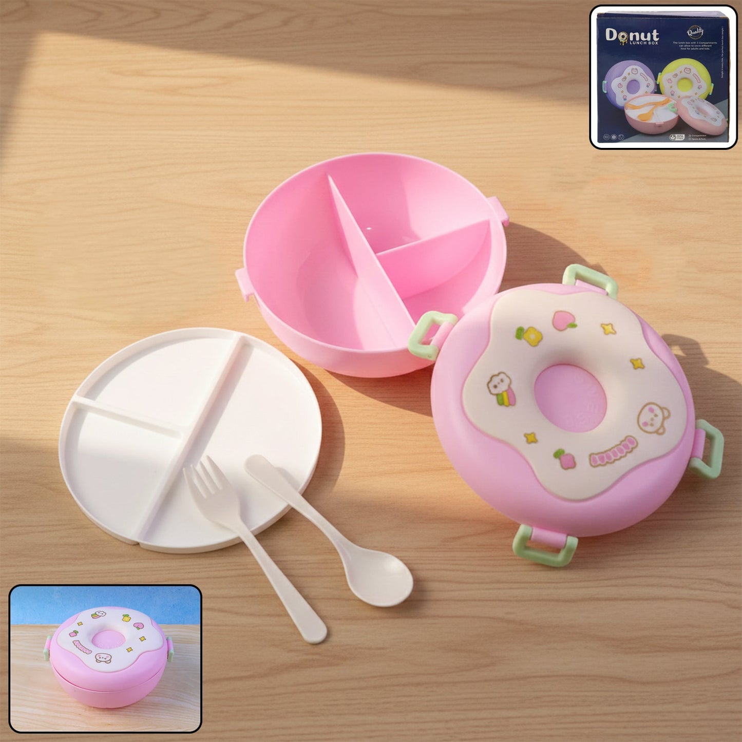 Donut Shaped Double Insulated 3 Compartment Lunch Box (1 Pc / Mix Color)