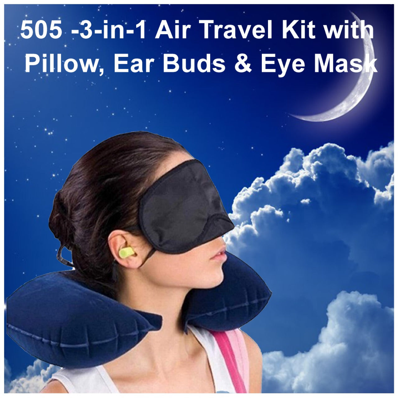 3in1 Air Travel Kit with Pillow, Ear Buds & Eye Mask