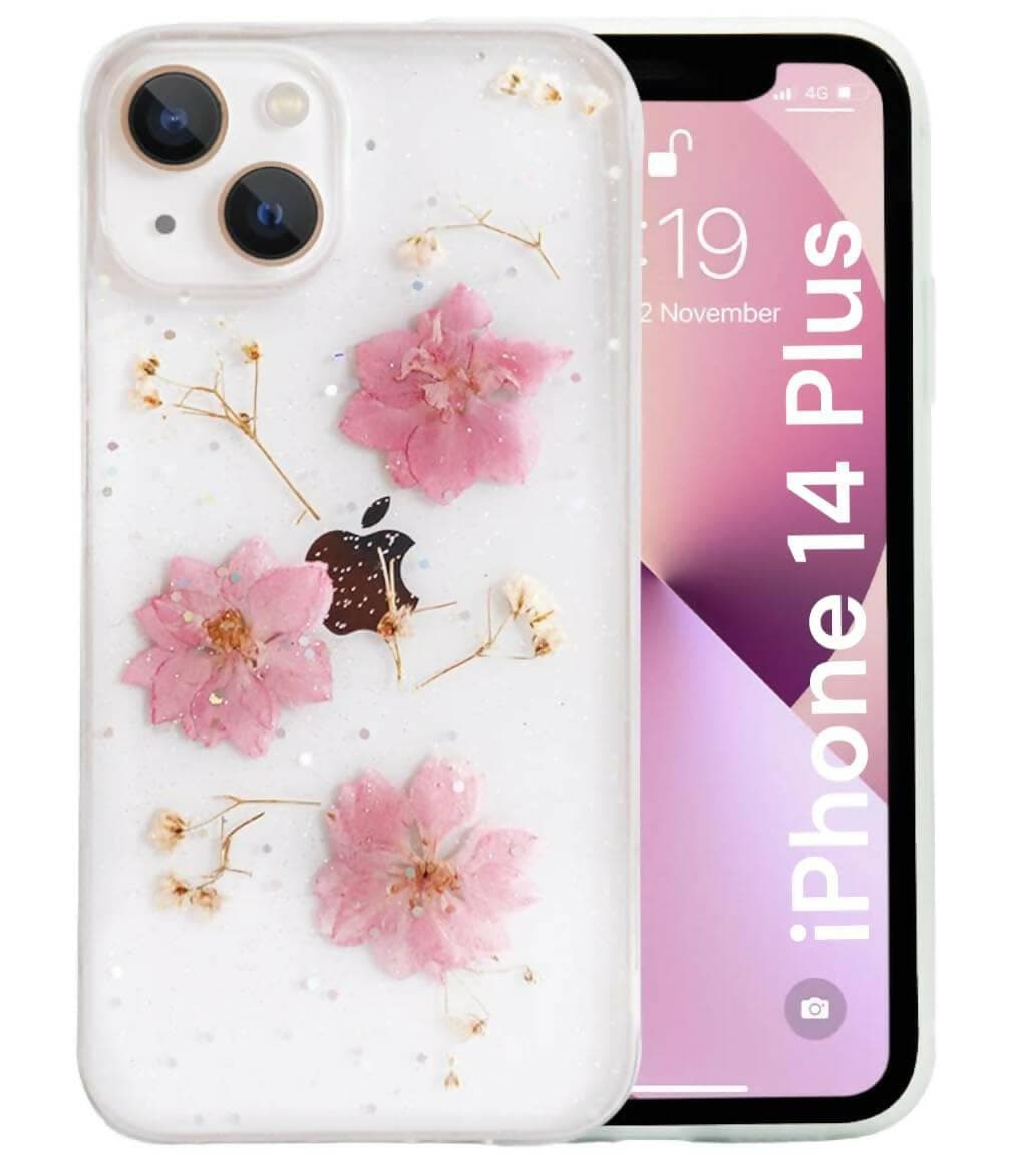 SQUIF Soft Back Case for iPhone 14 Plus Cover for Girls with Silicone Pressed Real Natural Dry Flowers Clear Glitter (Pink)