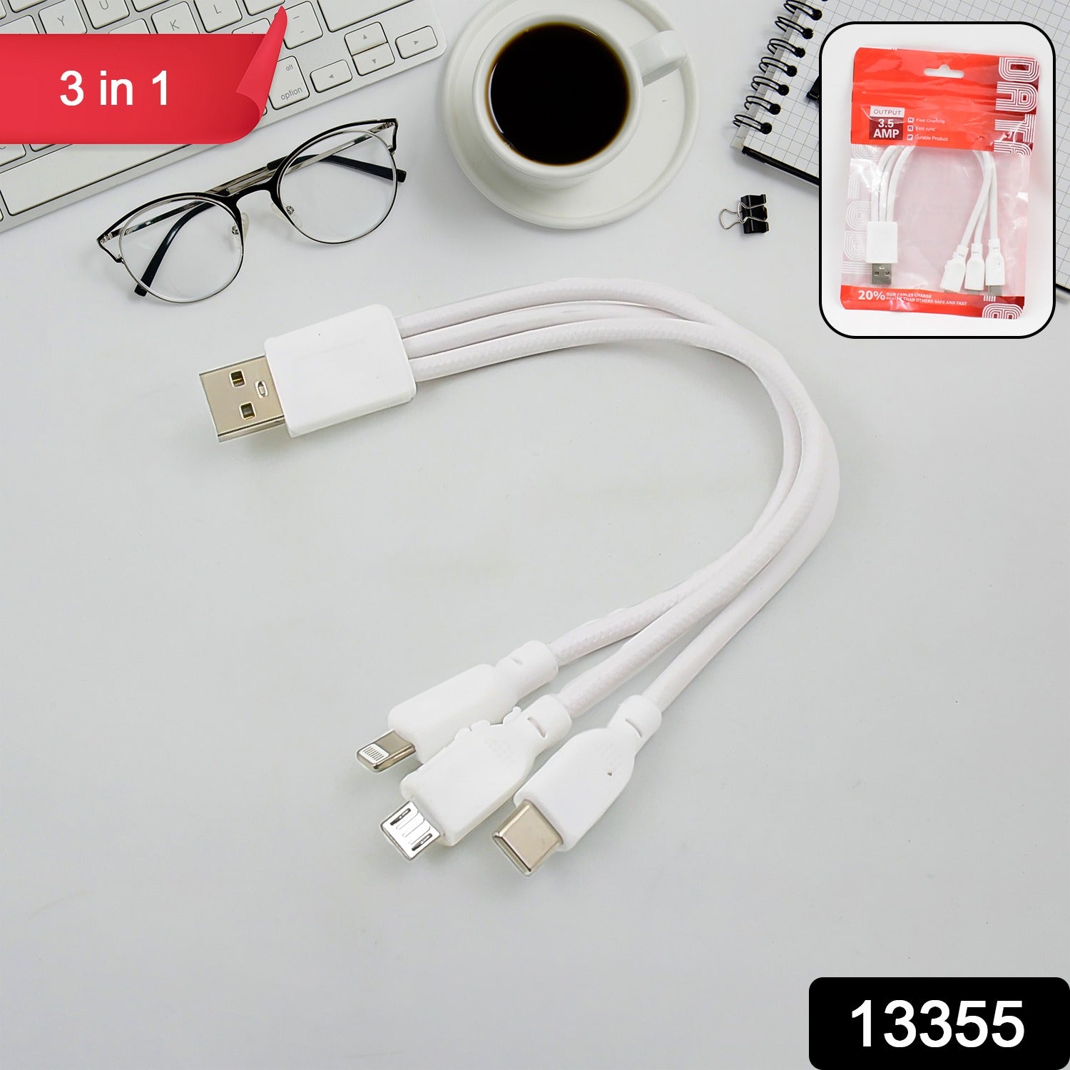 3 In 1 Charging Cable Fast Charging Cord USB Cable 3.5 Amp (1 Pc)