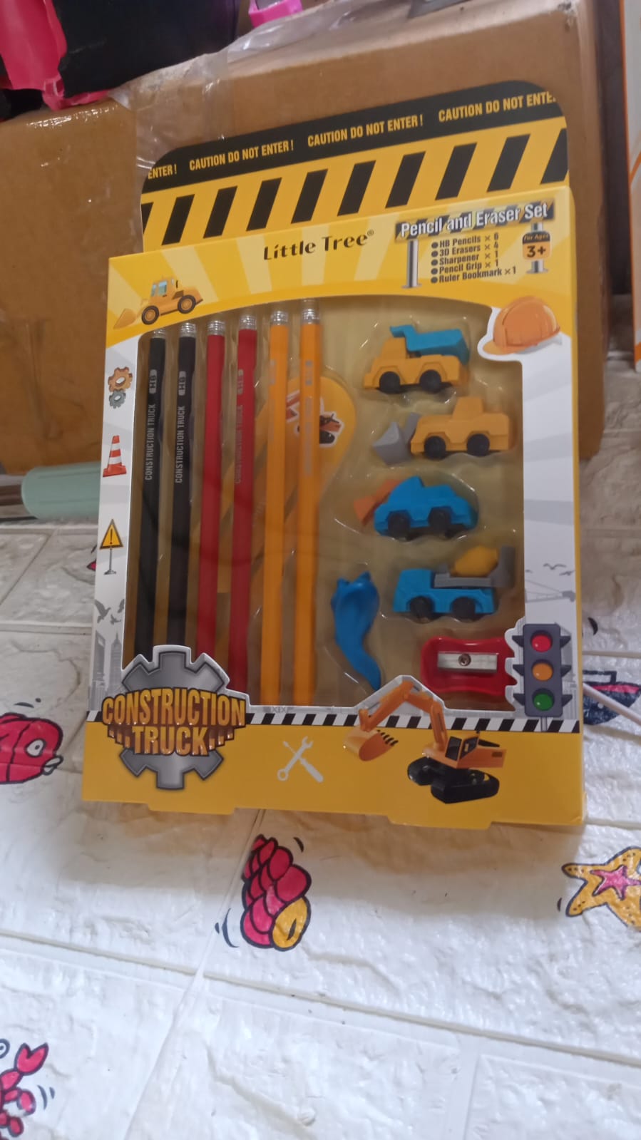 Pencil and Eraser Set, Construction Truck Theme Stationery Kit Includes 6 Pencils, 4 Erasers, 1 Sharpener, 1 Ruler Bookmark, 1 Pencil Cap Stationary For Birthday Gifts for Kids, Birthday Return Gifts (13 Pc set)