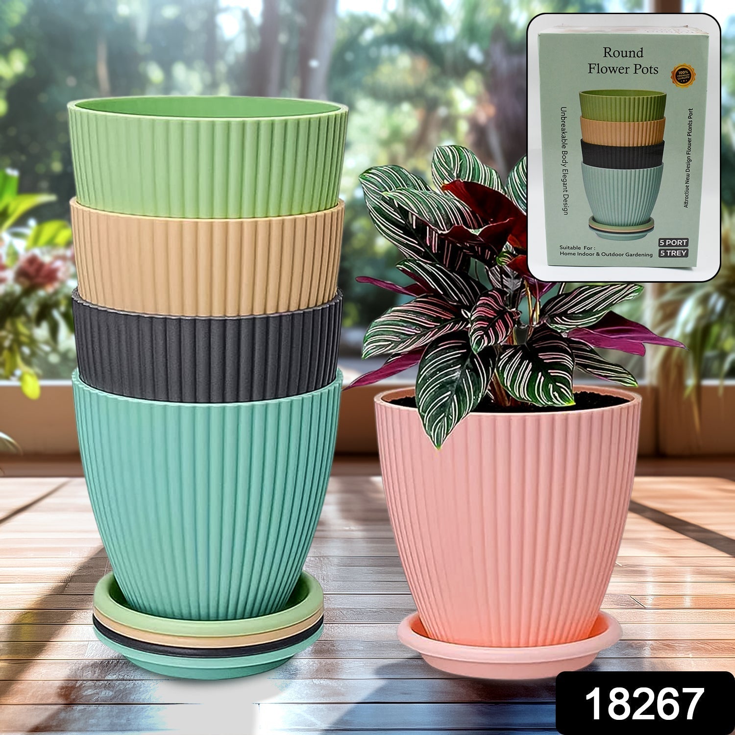 Plastic Flower Pot with Bottom Tray (5 Pcs Set / With Color Box)