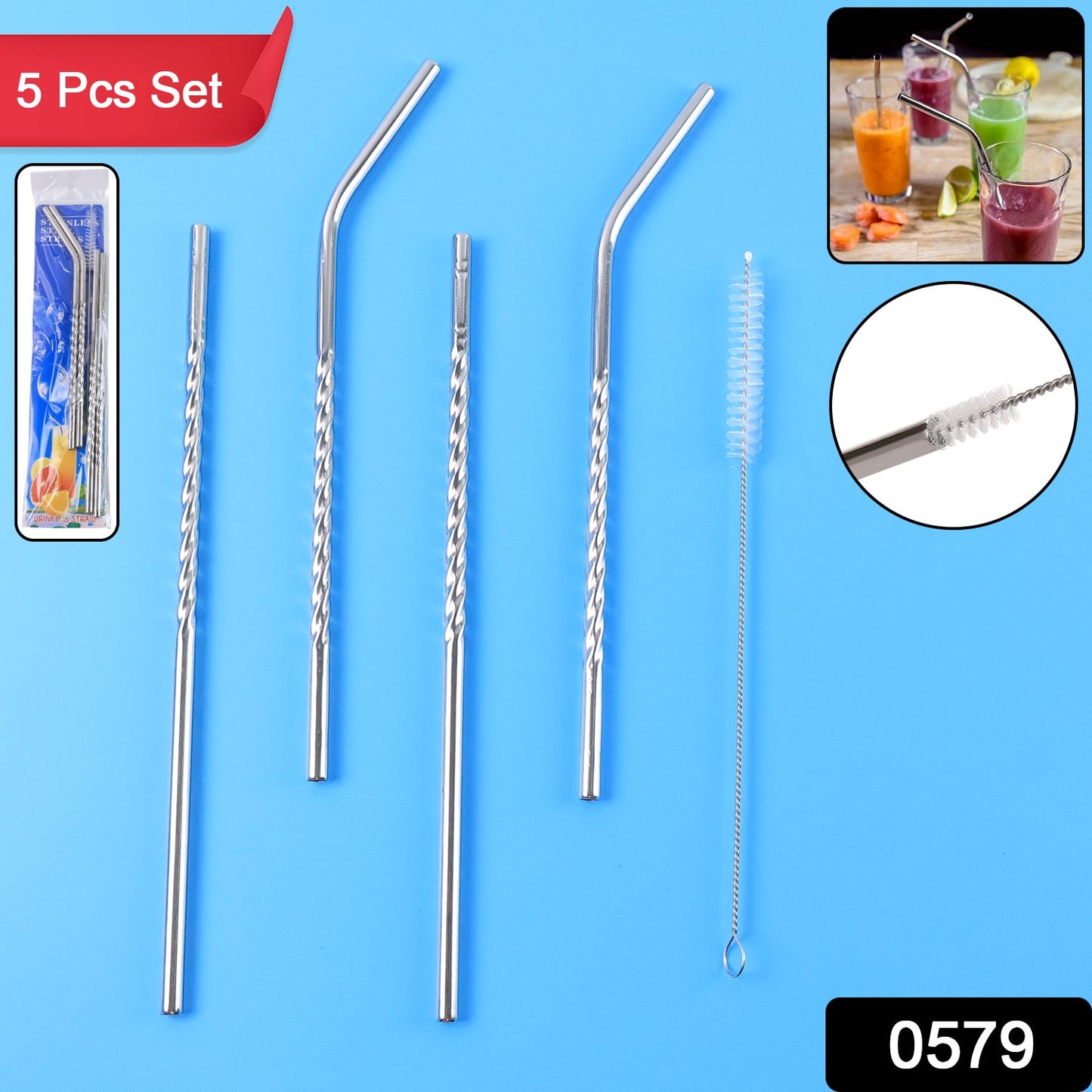 Set of 4 Stainless Steel Straws & Brush (2 Straight straws, 2 Bent straws, 1 Brush)